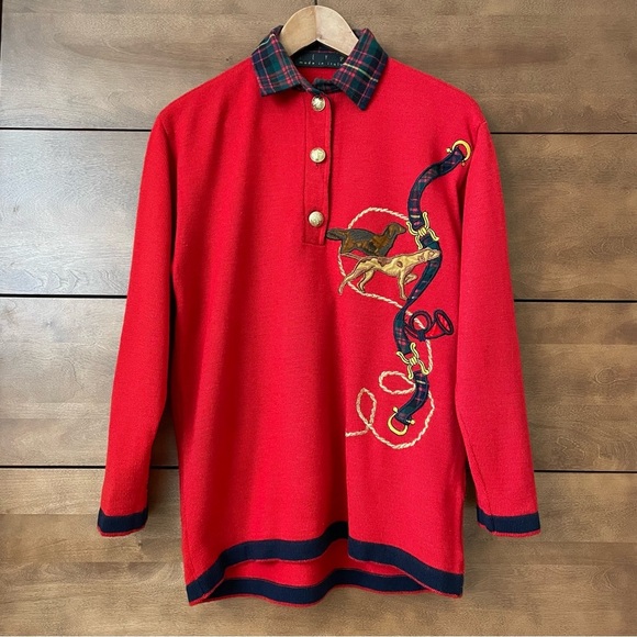 Vintage Men’s Polo Sweater Tartan Plaid Collar Merino Wool Equestrian Dog Preppy - Picture 3 of 14